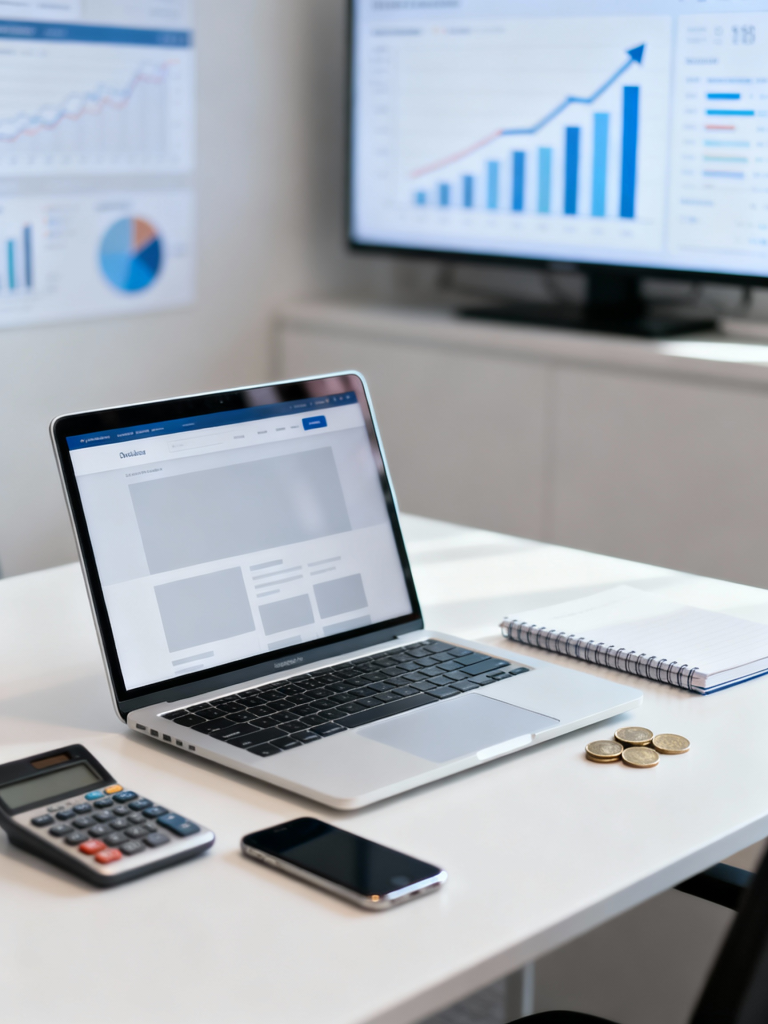 Realistyczne stanowisko pracy z laptopem i kalkulatorem ilustrujące koszt strony internetowej dla firmy